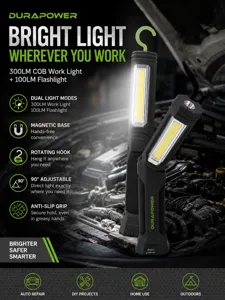 Lampe de travail LED portable à double source avec base magnétique, COB 300LM et lampe 100LM.
