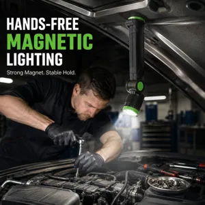 Rechargeable LED work light with strong magnetic base, foldable design for car repair.