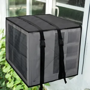 Outdoor window air conditioner protective cover detail view mesh breathable waterproof design.