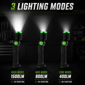 Foldable LED rechargeable work light with 3 lighting modes up to 1500 lumens for outdoor camping.