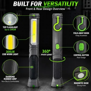 Vue détaillée montrant la lampe de travail COB 300LM, pivot 360 et base magnétique.