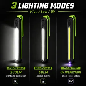 Vue détaillée de la lampe de travail magnétique portable avec modes COB haut, bas et UV.