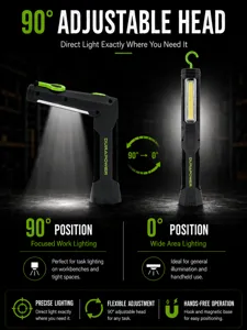 Lampe de travail LED pliable avec tête réglable à 90°, double source lumineuse et aimant.