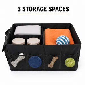 Organizzatore per bagagliaio auto pieghevole in tessuto Oxford con tre spazi e tasche.