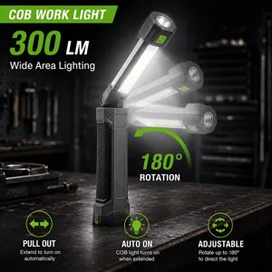 Uitschuifbare COB LED werklamp met 300 lumen, 180 graden rotatie voor noodsituaties en autoreparatie.
