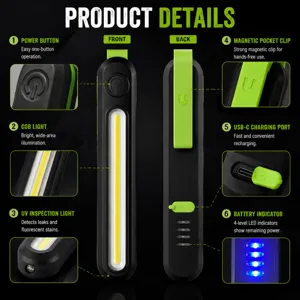 Lampe de travail LED portable avec COB, lumière UV, clip aimanté et recharge USB-C pratique.