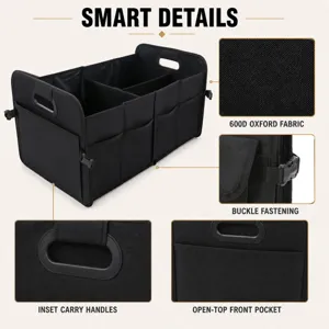 Kofferbak organizer detail met 600D oxford stof, draaggrepen en handige opbergvakken.