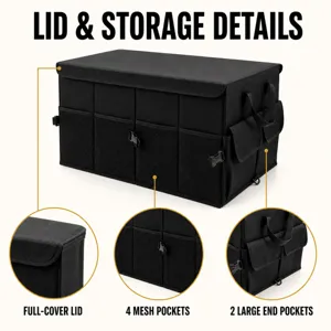 Detalle de organizador de maletero plegable con tapa, bolsillos de malla y compartimentos.