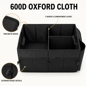Dettaglio organizzatore baule auto pieghevole in tessuto Oxford 600D a tre scomparti a T.