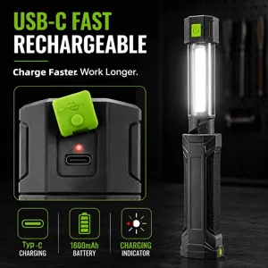LED oplaadbare werklamp detailweergave met USB-C snellaadpoort en krachtige batterij.