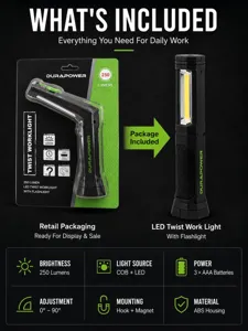 Lampe de travail LED portable avec torche, 250 lumens COB, crochet aimanté, piles AAA incluses.