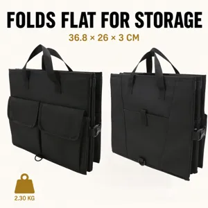 Vista detallada de la bolsa de almacenamiento plegable negra para maletero con bolsillos.