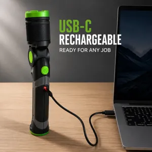 Foldable LED flashlight detail showing USB-C rechargeable port and charging indicator light.