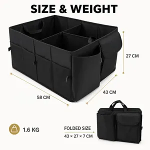 Dettaglio dell'organizer per bagagliaio auto che mostra dimensioni, peso e design pieghevole.