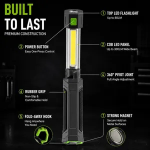 Draagbare LED werklamp met COB paneel, 360 graden scharnier, magnetische voet en haak voor camping.