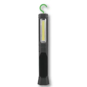 Vue en gros plan de la lampe de travail LED portable avec sa bande COB lumineuse et son crochet.