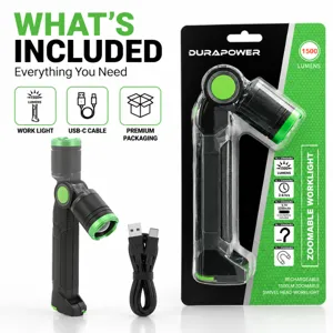 Detailed view of foldable zoomable LED work light with USB-C cable and retail packaging.