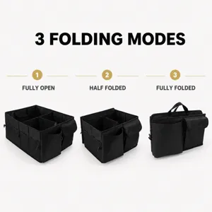 Organizer per bagagliaio auto pieghevole portatile con 3 modalità di chiusura in tessuto.