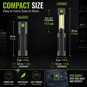 Compacte uitschuifbare LED werklamp, lichtgewicht en draagbaar voor buiten camping en auto reparatie.