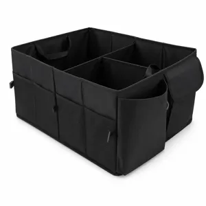 Vista dettagliata dell'organizer per bagagliaio auto pieghevole nero con tasche a rete.