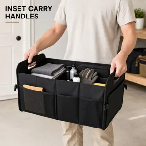 Tragbarer faltbarer Auto-Kofferraum-Organizer mit mehreren Netztaschen und Fächern für die Aufbewahrung.