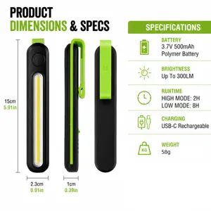 Lampe de travail LED portable avec clip aimanté, rechargeable USB-C, 300LM, légère et compacte.