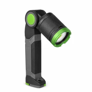 Foldable LED work light detail showing adjustable rotating head and non-slip handle.
