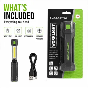 Gedetailleerd overzicht met oplaadbare LED-werklamp, USB-oplaadkabel en verpakkingsdoos.