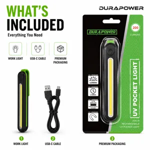 Lampe de travail LED rechargeable avec UV, 200 lumens, base magnétique, câble USB-C inclus.