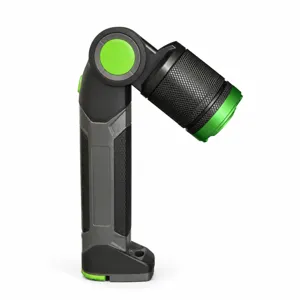 Foldable LED work light detail, showing adjustable head, knurled grip and durable black green body.