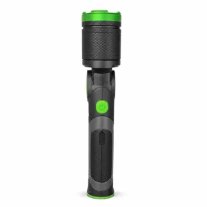 Close-up detail of the foldable LED work light, showing the textured handle and power button.