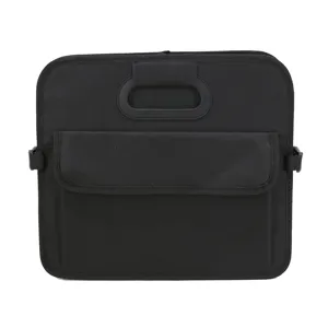 Bolsa organizador de maletero de coche negra duradera con asa y bolsillo frontal.
