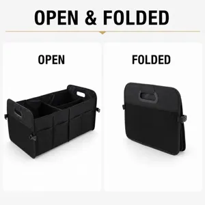 Faltbarer Kofferraum-Organizer Auto Aufbewahrungsbox mit Fächern, offen und zusammengelegt.