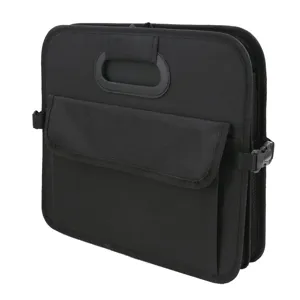 Bolsa organizadora de maletero para coche de tela Oxford negra con varios compartimentos.