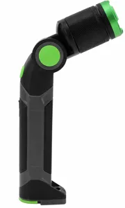 Close-up detail of the foldable LED work light, highlighting adjustable hinge and textured grip.