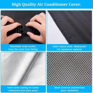 Outdoor waterproof air conditioner cover with 420D oxford cloth and adjustable buckle.