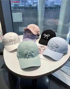 Women Pearl Bow Baseball Cap Casual Soft Top Sun Protection Cute Adjustable Hat