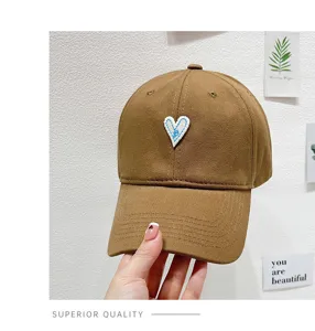 Brown baseball hat with cute blue heart embroidery casual Korean style cotton sun cap