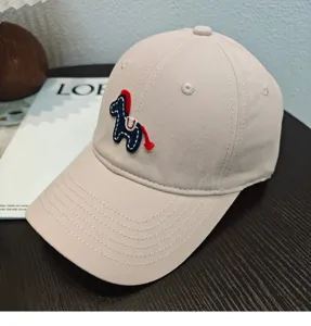 Dettaglio berretto baseball beige pony ricamato, cappello visiera curva casuale.