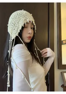 Handmade crochet pearl tassel headscarf knit hat elegant style fashion accessory detail