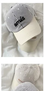 Korean striped embroidered baseball cap women casual fashion sun hat with letter detailing.