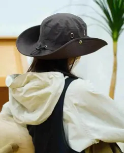 Detailed rear view of dark grey outdoor sun protection hat featuring wide brim and eyelets.