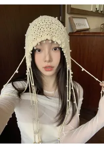 Handmade crochet pearl tassel beanie hat for women stylish hollow knit cap beige summer