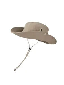 Khaki sun hat detail showing adjustable chin strap, wide brim, and metal eyelet.