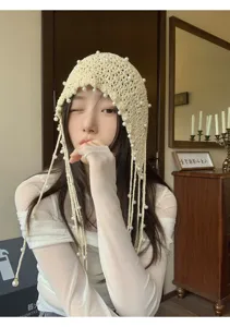 Handmade crochet pearl tassel knit hat, vintage hollow out breathable sun bonnet for women.