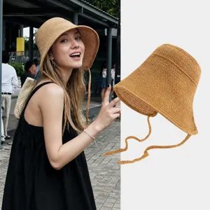 Summer Womens Large Brim Sun Protection Paper Straw Sun Hat Casual Hand Woven Breathable Foldable Beach Bucket Hat
