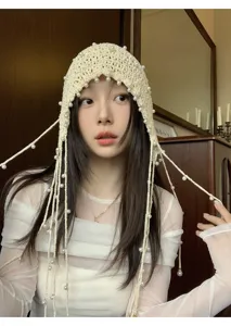 Handmade crochet pearl tassel balaclava hat, hollow knit spring summer women fashion cap.