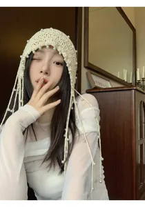 Handmade crochet pearl fringe bonnet hat, vintage style hollow knit cap for women.
