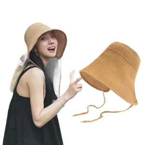 Summer cotton linen sun hat for women, large brim breathable woven fisherman hat with chin strap.