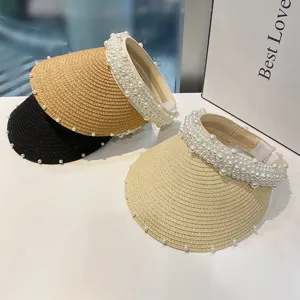 Perlen Stroh Sonnenblende Hut für Damen, Sommer leerer Top Strandhut, modisches Stirnband.